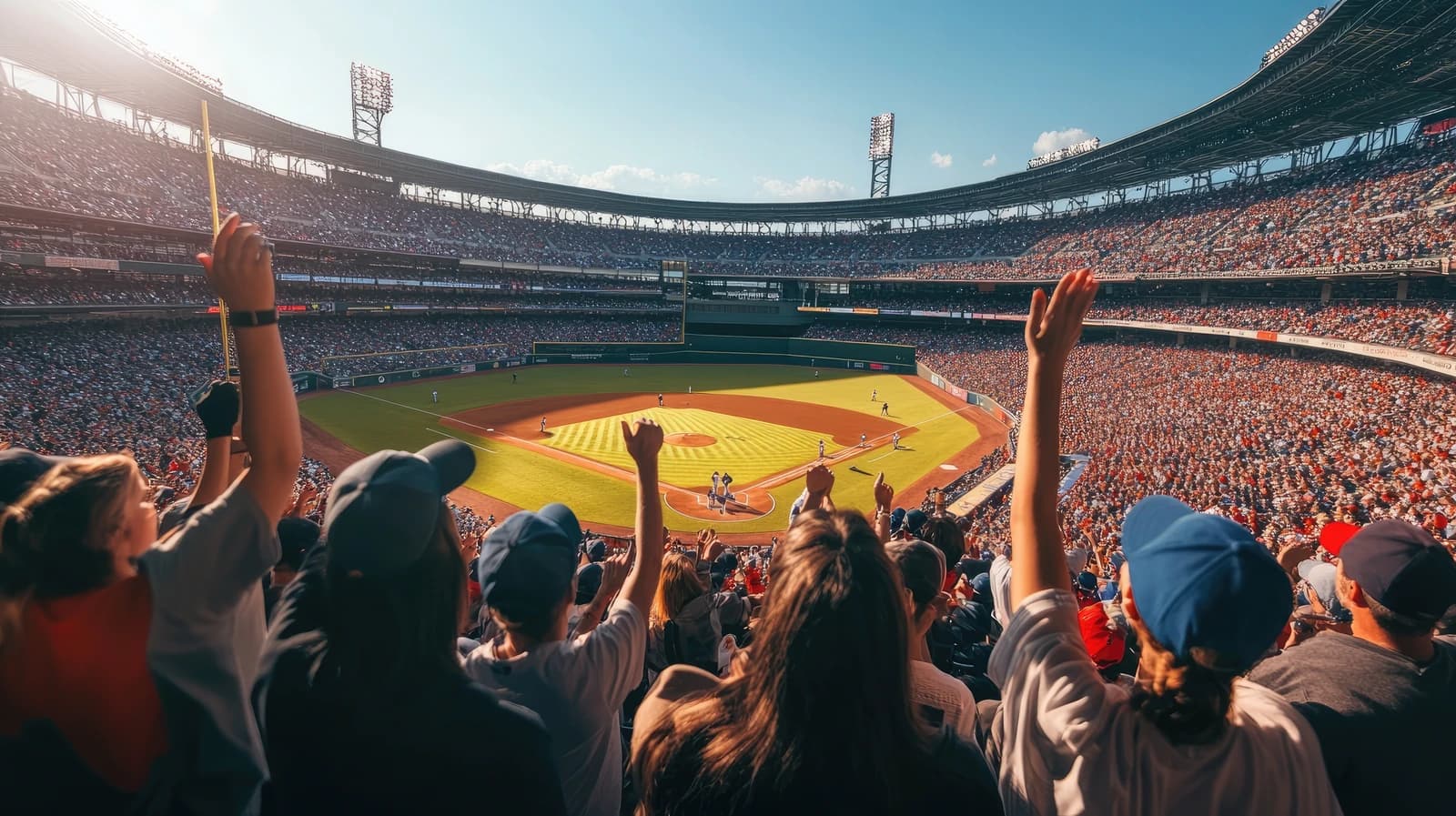 Fans on their feet inside a packed baseball stadium on a sunny afternoon, arms raised toward the bright green field — a city gathered with shared expectation.